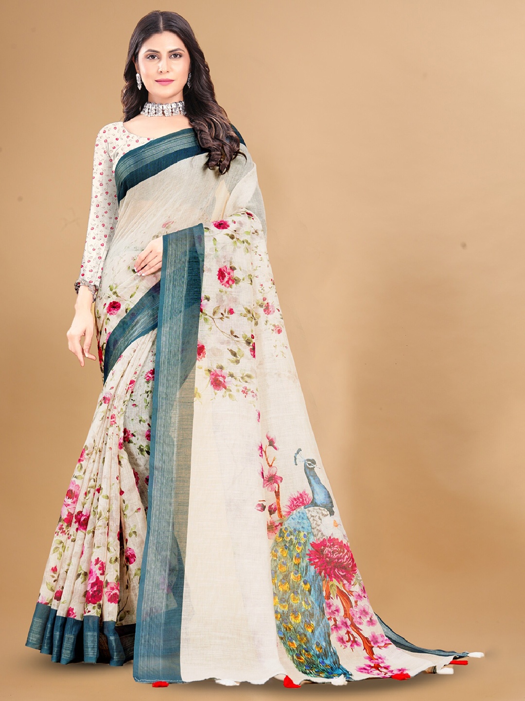 

Anouk Floral Printed Zari Pure Linen Tussar Saree, Teal