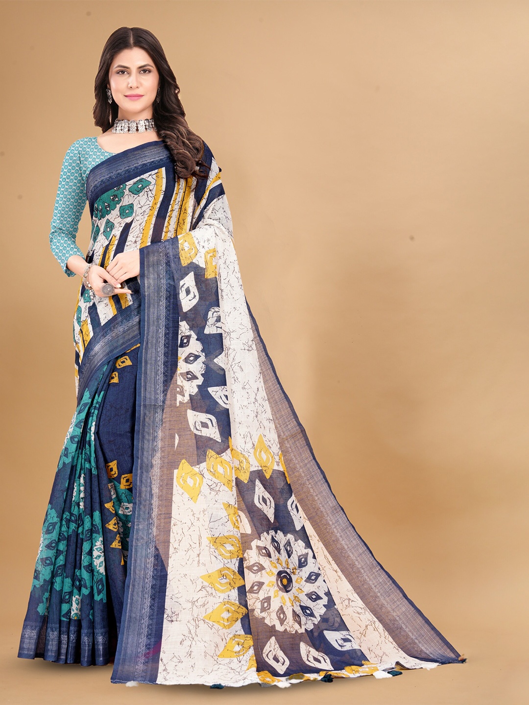 

Anouk Geometric Printed Zari Pure Linen Tussar Saree, Navy blue