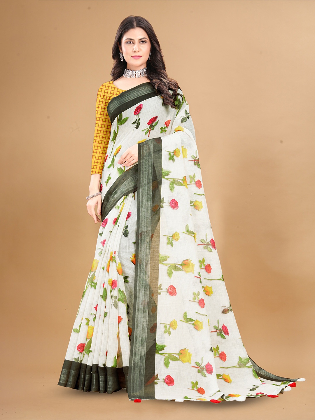 

Anouk Floral Printed Pure Linen Tussar Saree, Green