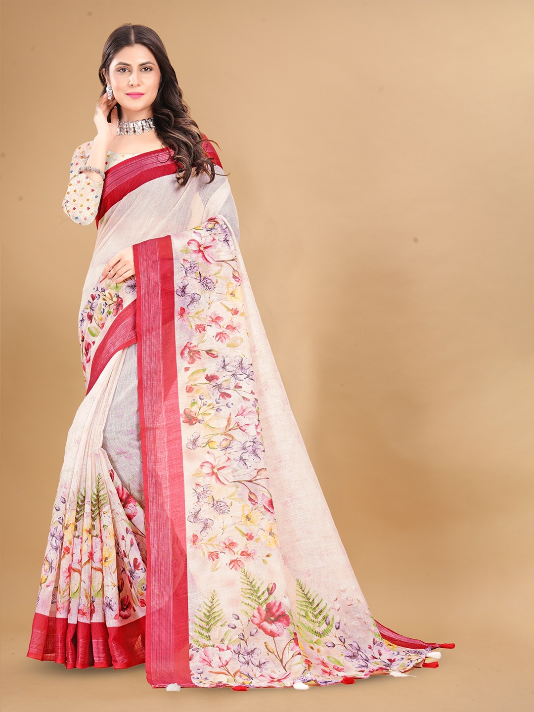 

Anouk Floral Printed Zari Pure Linen Tussar Saree, Cream