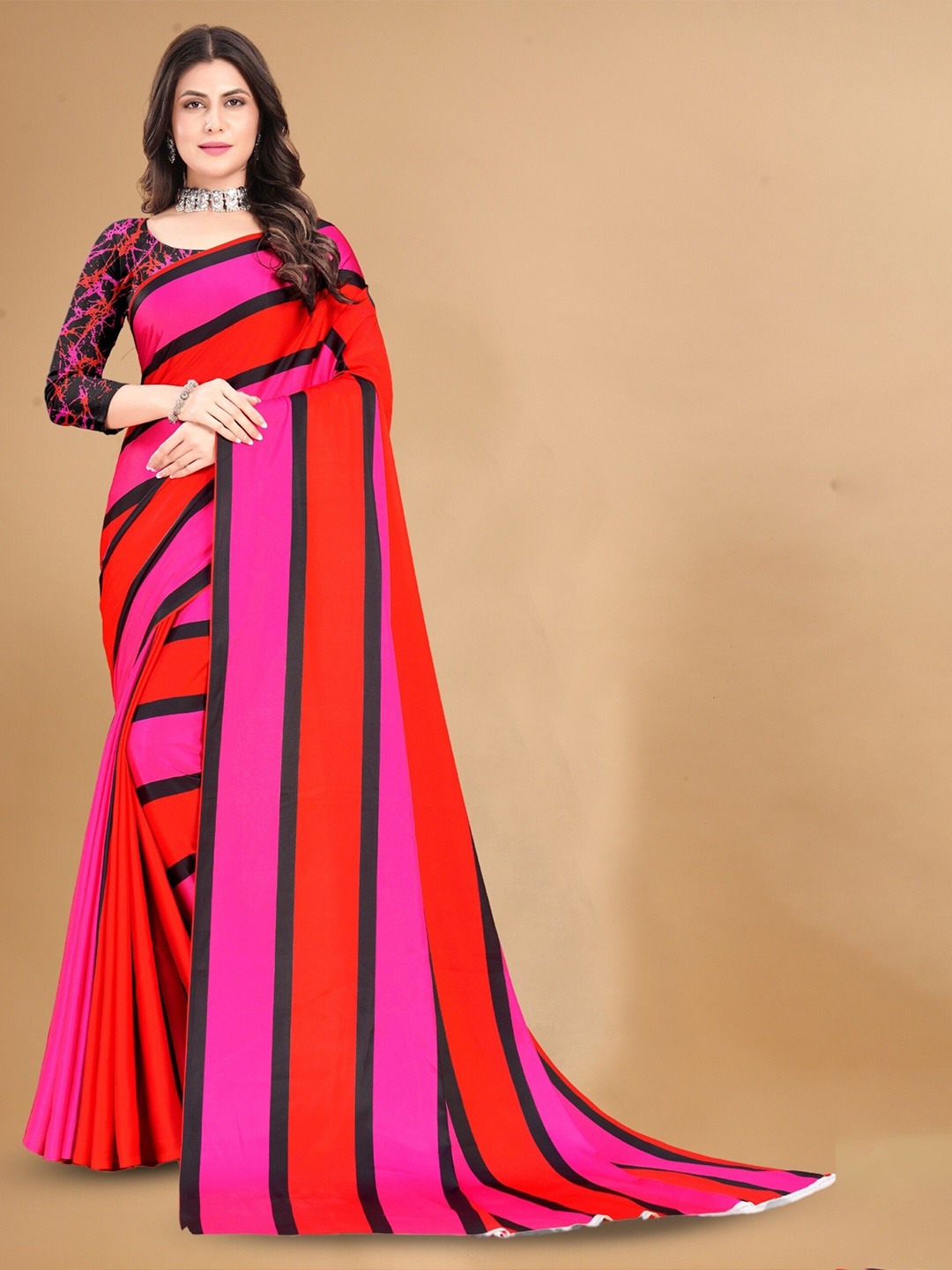 

Anouk Striped Printed Satin Saree, Red