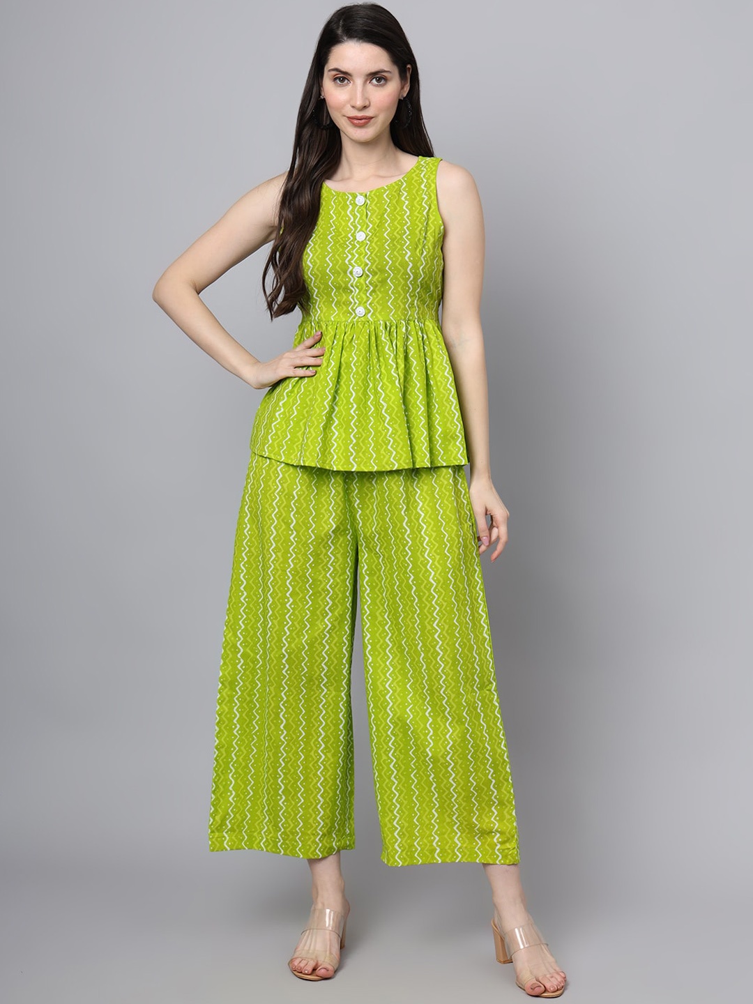 

FABRIC FITOOR Striped Pure Cotton Sleeveless Top With Palazzo, Green
