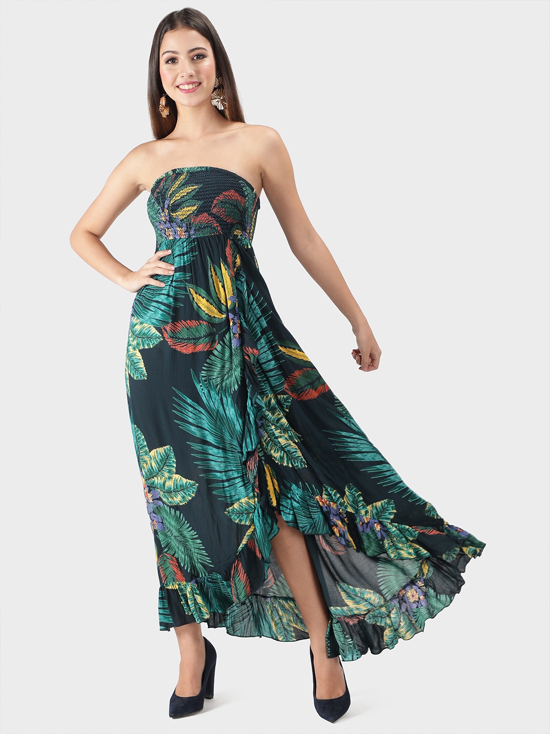 

DEBONATELLA Strapless Tropical Print Crepe Maxi Dress, Green