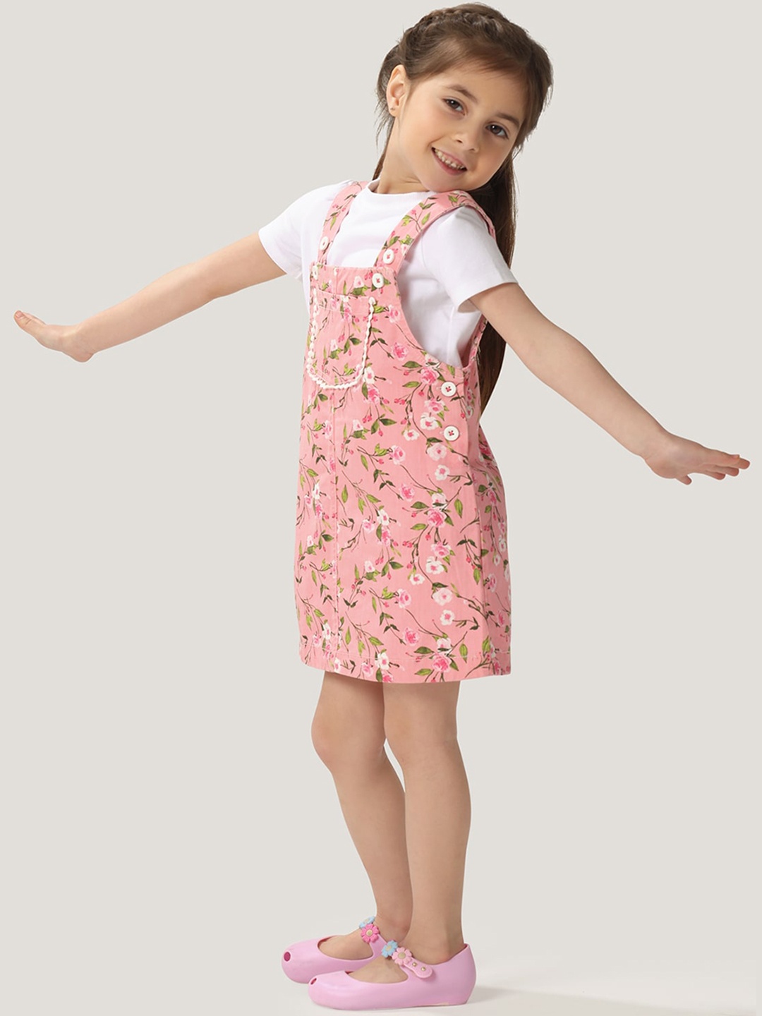 

One Friday Infant Girls Floral Printed Cotton Dungaree With T-Shirt, Pink