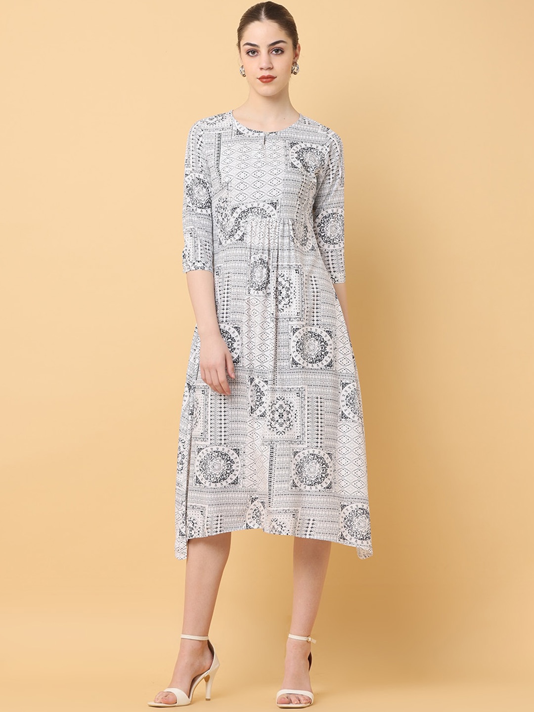 

BLACK & BLAH BLAH Relaxed Fit Abstract Printed Flared Liva Midi Dress, White
