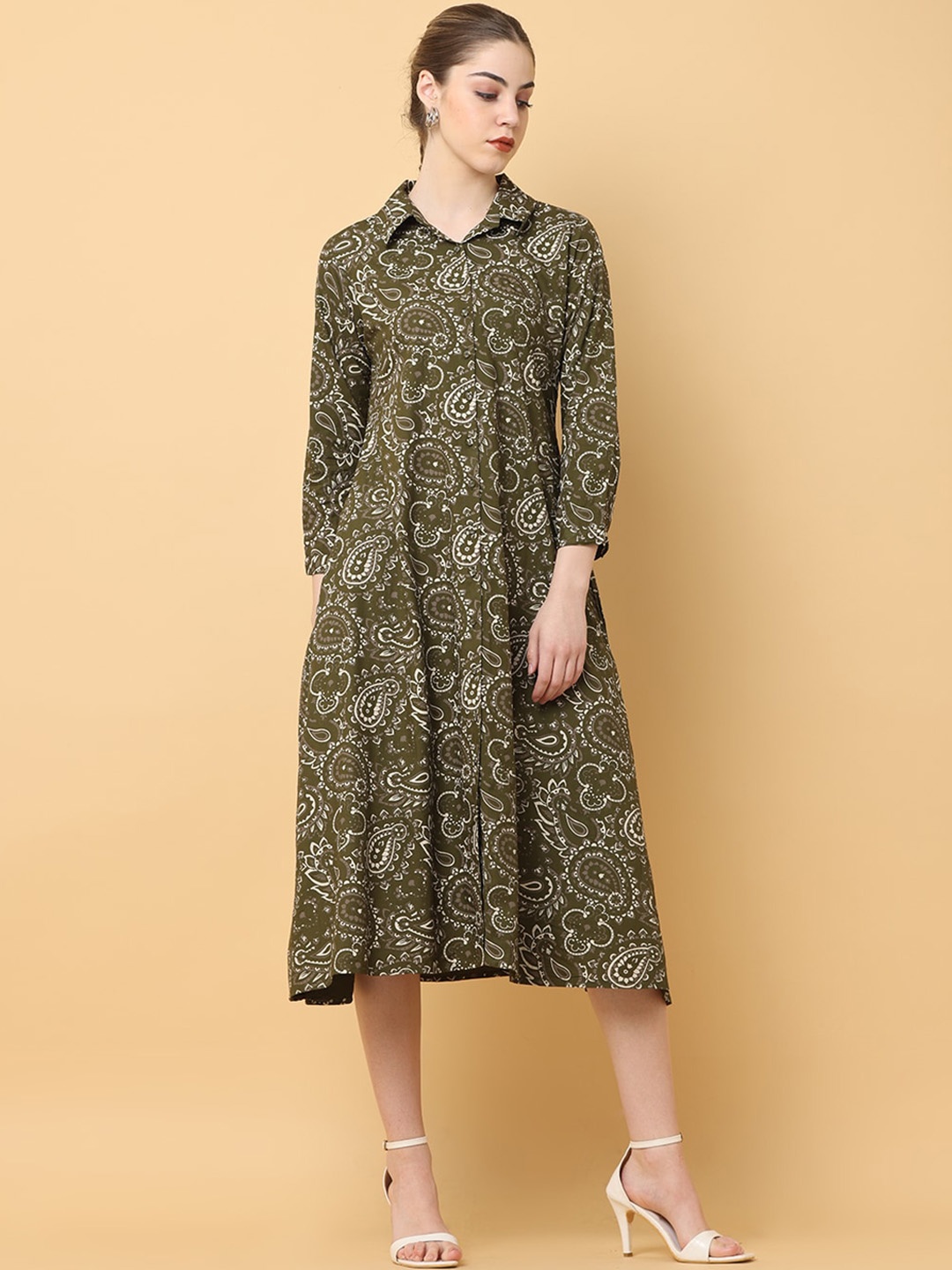 

BLACK & BLAH BLAH Relaxed Fit Floral Printed A-Line Pure Cotton Midi Dress, Olive