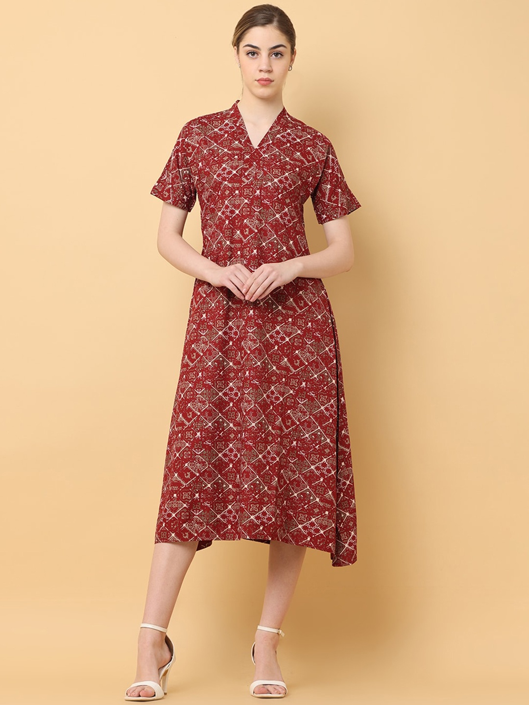 

BLACK & BLAH BLAH Relaxed Fit Floral Printed A-Line Pure Cotton Midi Dress, Maroon
