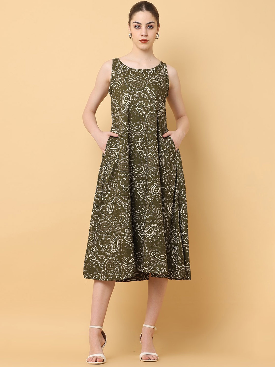 

BLACK & BLAH BLAH Relaxed Fit Paisley Printed A-Line Cotton Linen Midi Dress, Olive