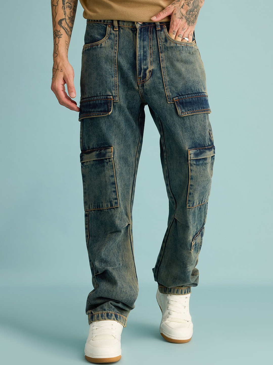 

FREAKINS Men Mid-Rise Clean Look Cargo Jeans, Blue