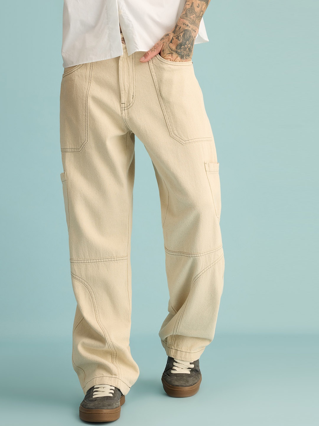 

FREAKINS Men Wide Leg High-Rise Pure Cotton Cargo Jeans, Beige