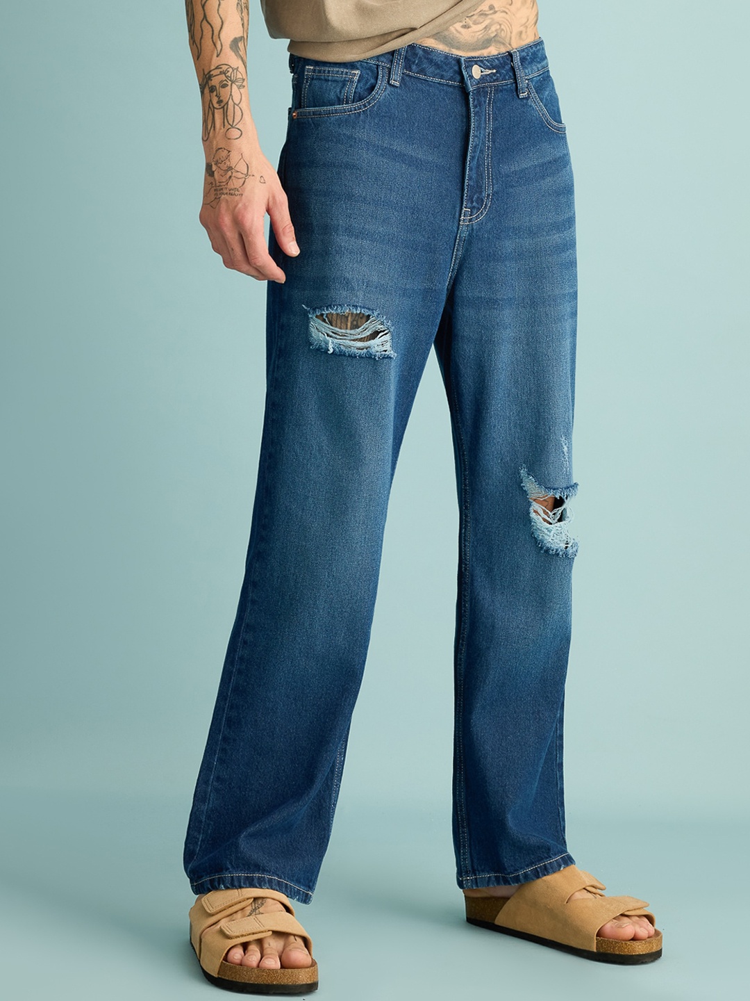 

FREAKINS Men Straight Fit High-Rise Low Distress Light Fade Pure Cotton Jeans, Blue
