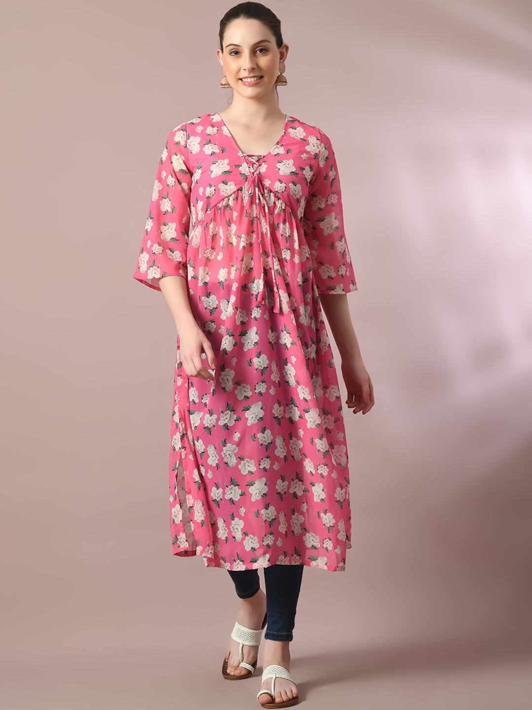 

Myshka Floral Printed Georgette Empire Kurta, Pink
