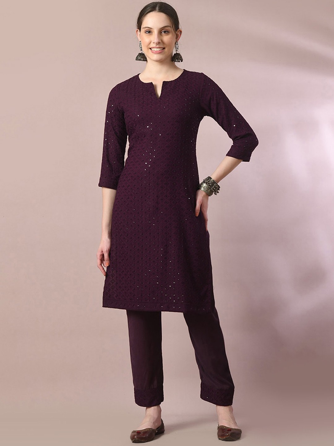 

Myshka Notch Neck Regular Sequinned Pure Cotton Kurta with Trousers, Magenta
