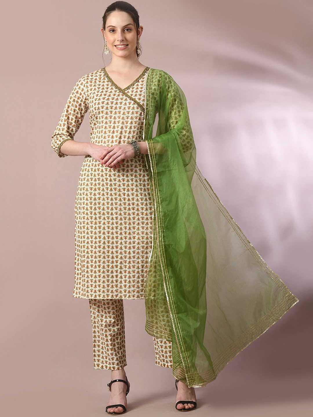 

Myshka Ethnic Motifs Printed Regular Gotta Patti Pure Cotton Kurta with Trousers & Dupatta, Beige