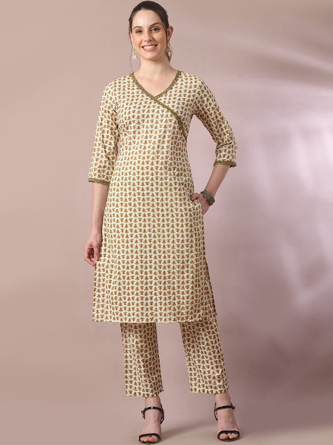 

Myshka Floral Printed Angrakha Pure Cotton Kurta with Trousers, White