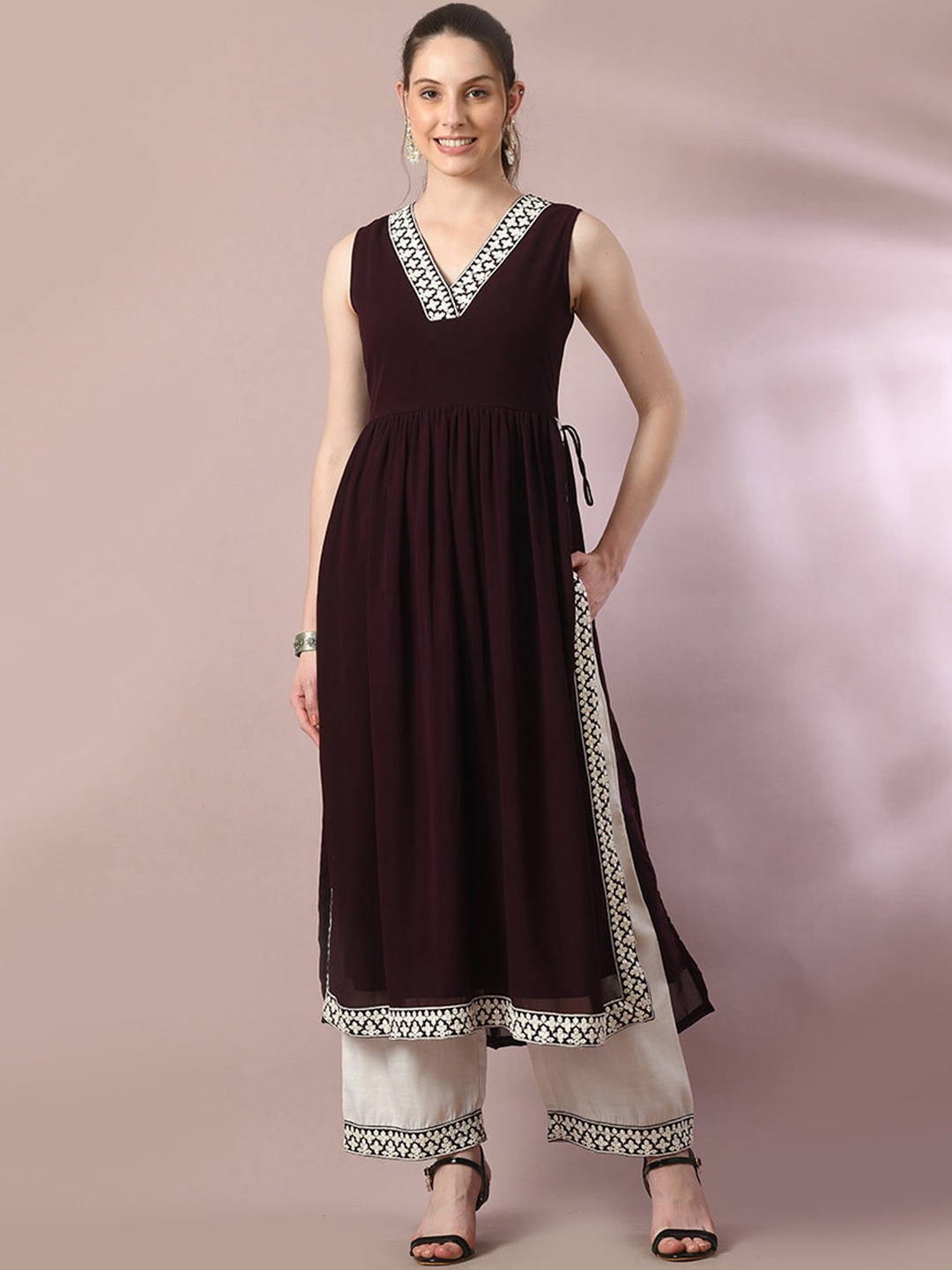Myshka Empire Yoke or Border Kurta with Palazzos, Coffee brown
