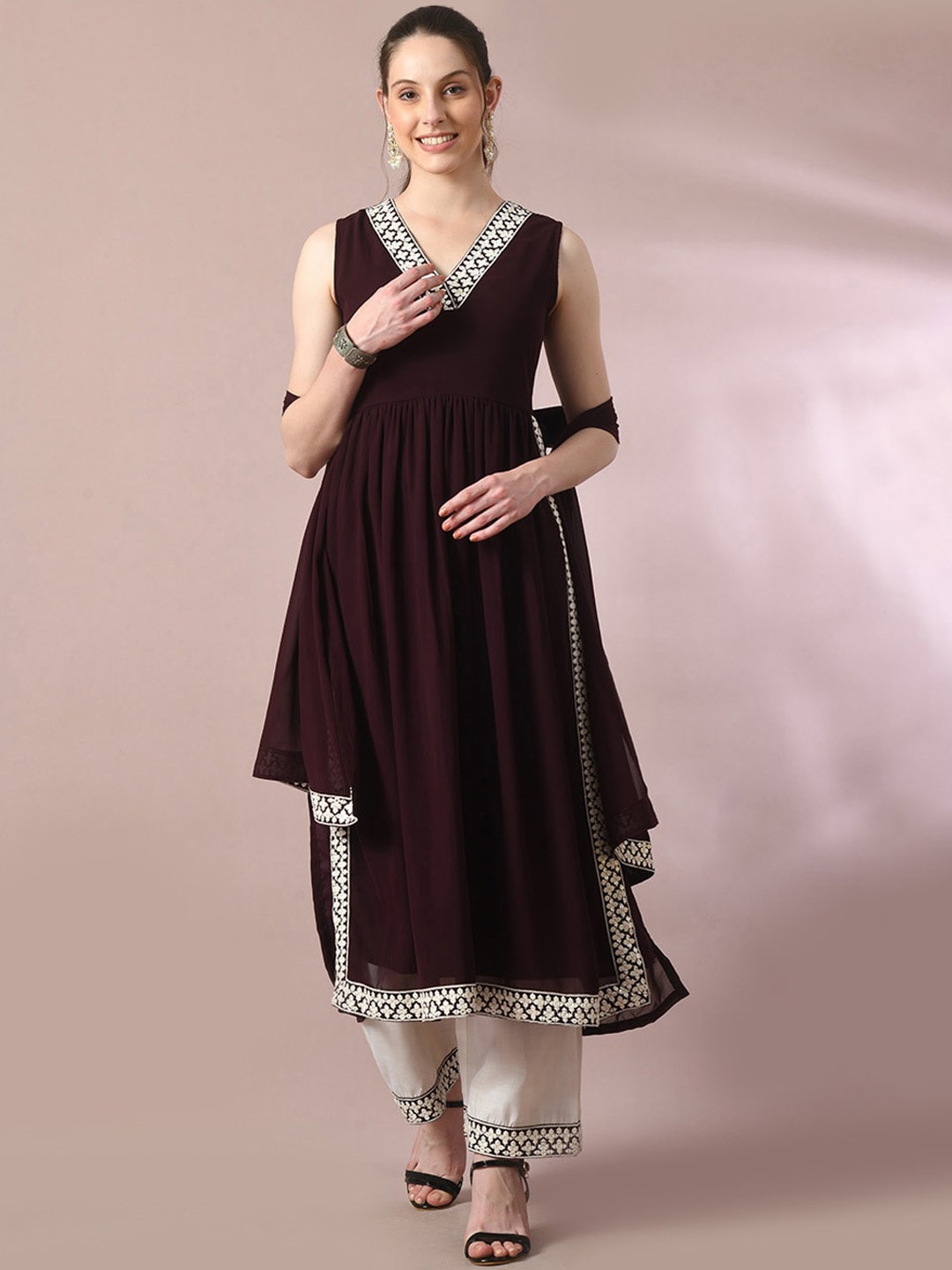 

Myshka Empire Kurta with Palazzos & With Dupatta, Coffee brown