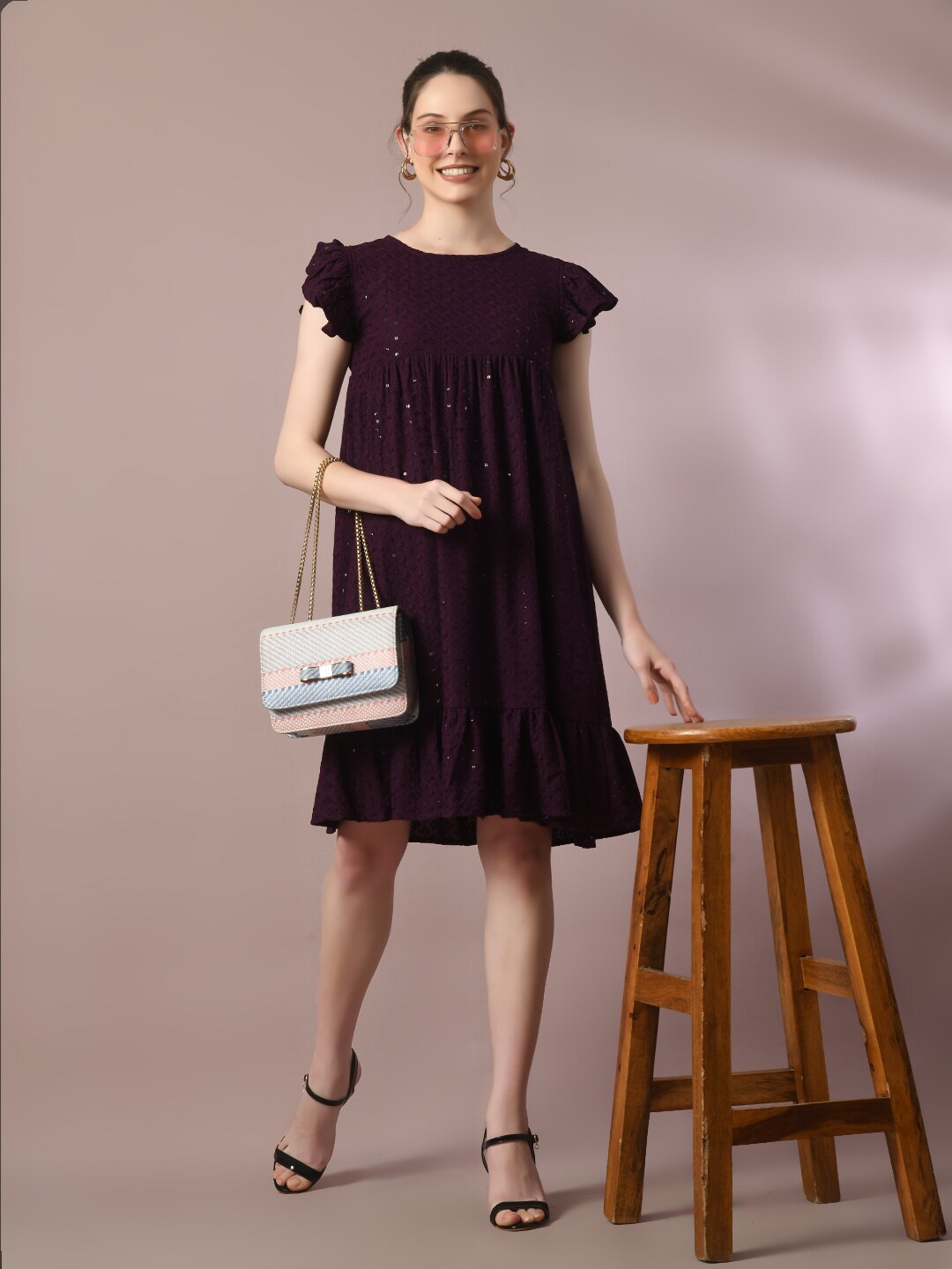 

Myshka Geometric Embellished Sequined Flutter Sleeve Cotton A-Line Dress, Violet