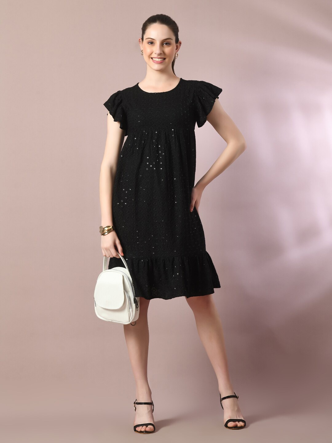 

Myshka Geometric Embellished Sequined Flutter Sleeve Cotton A-Line Dress, Black