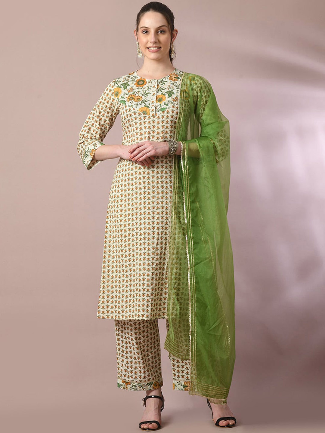 

Myshka Floral Printed Regular Pure Cotton Kurta with Palazzos & With Dupatta, White