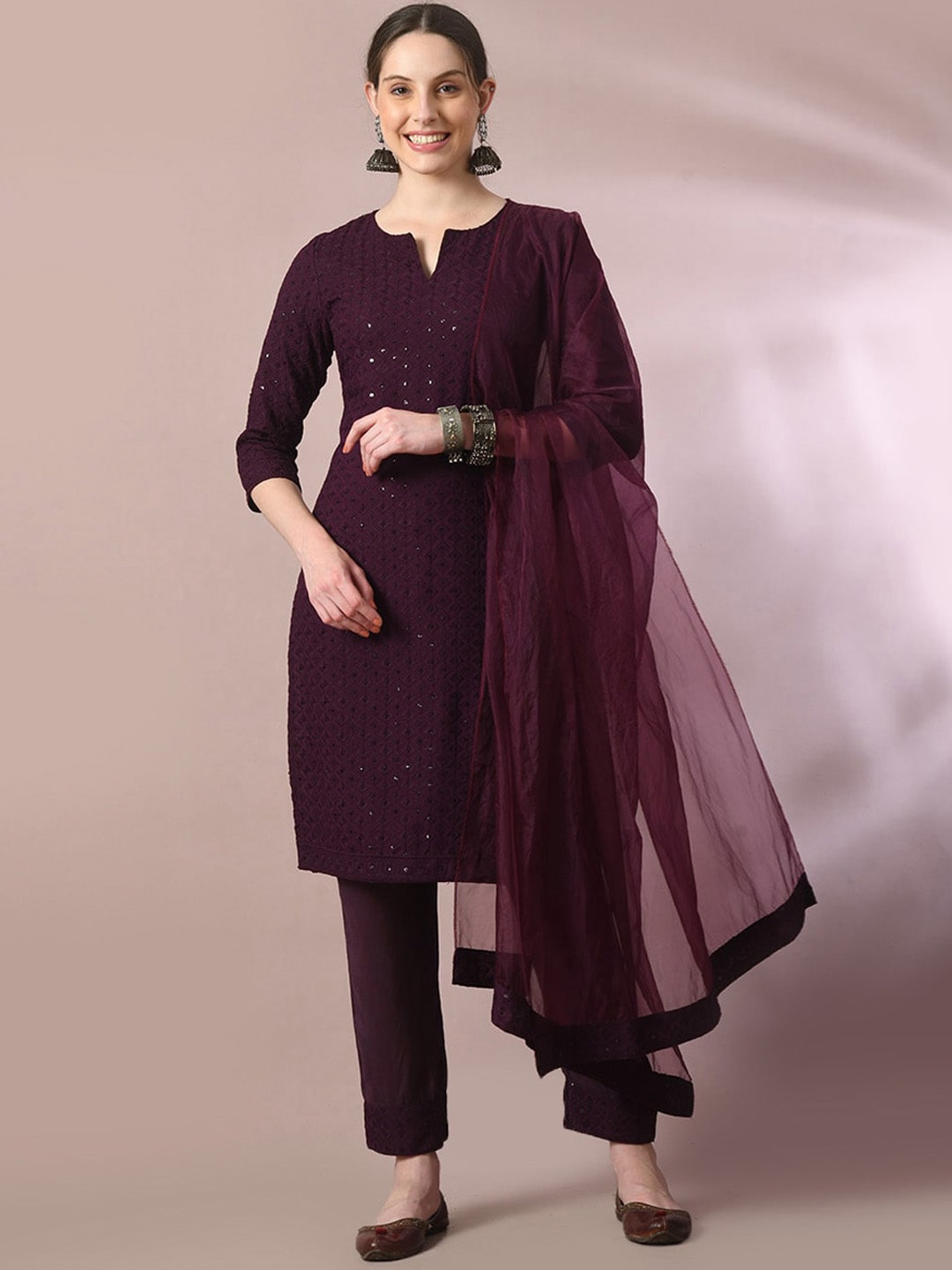 

Myshka Ethnic Motifs Regular Sequinned Pure Cotton Kurta with Trousers & Dupatta, Magenta