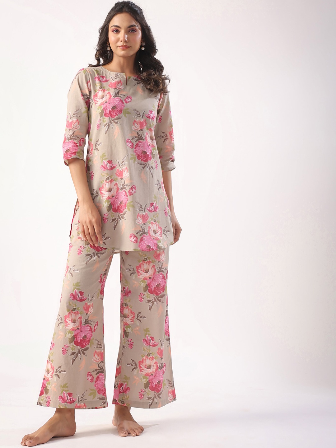 

JISORA Printed Pure Cotton Night suit, Grey