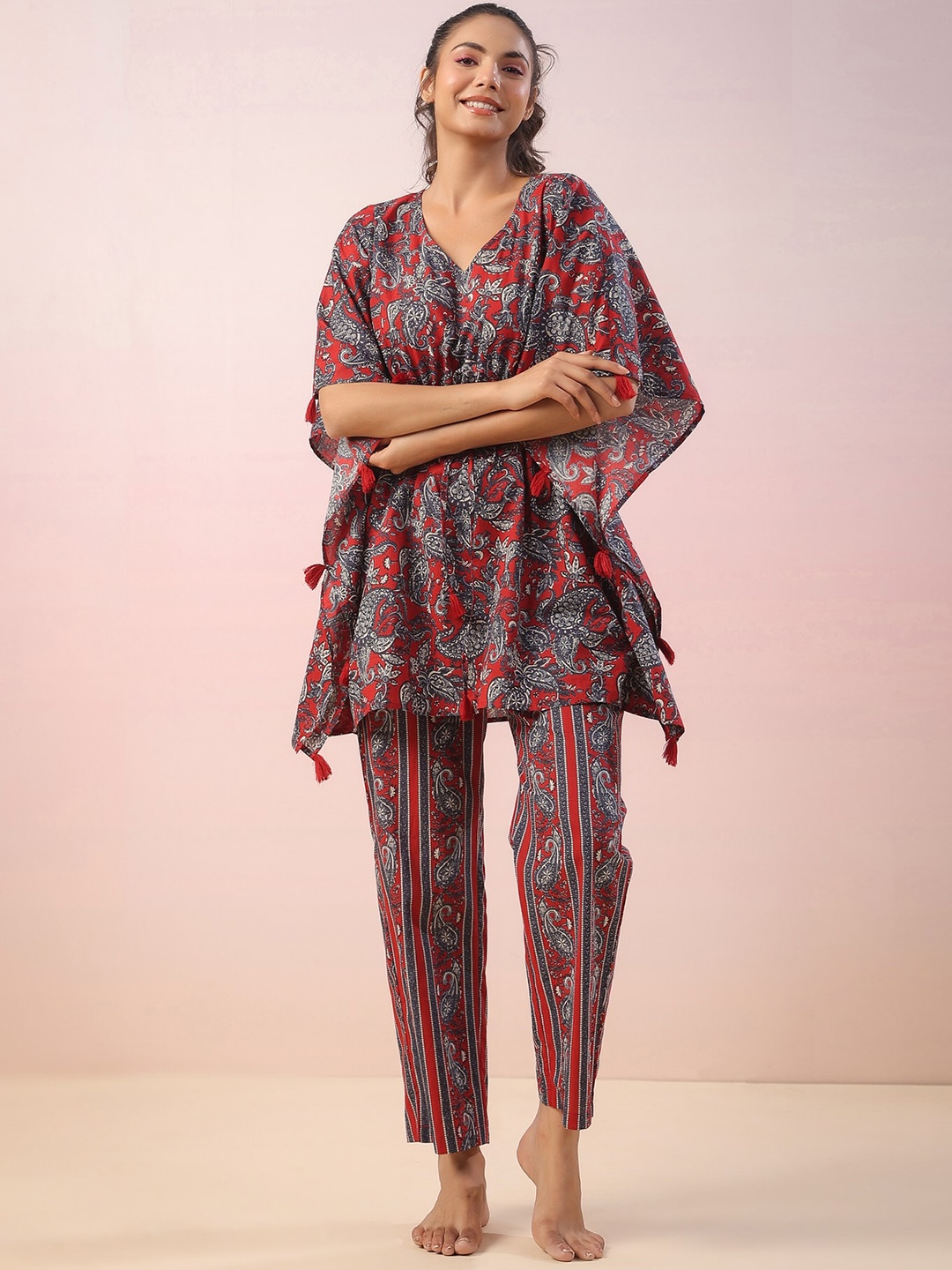 

JISORA Women Printed V-Neck Kaftan Pure Cotton Night suit, Red