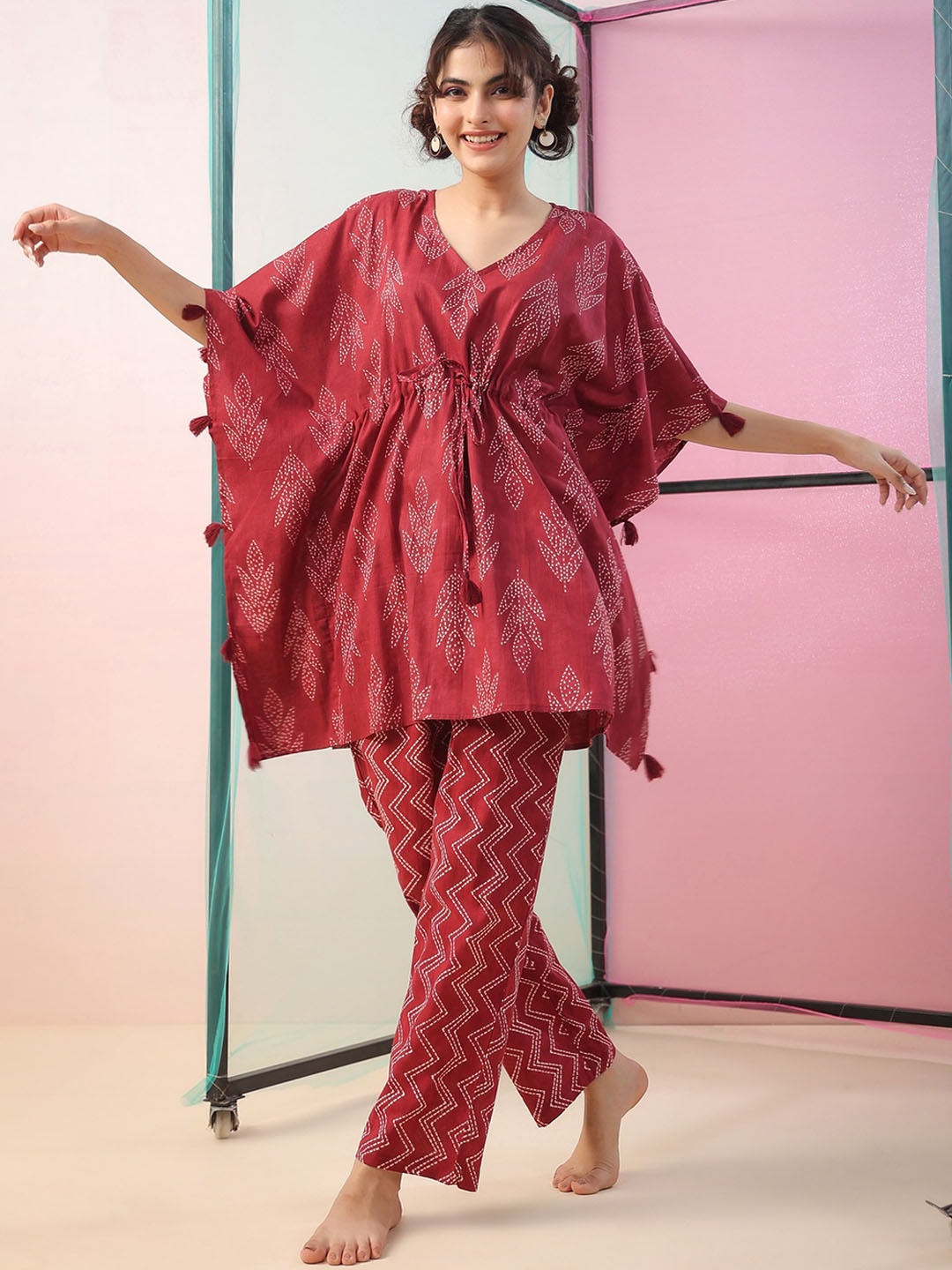 

JISORA Printed Kaftan Pure Cotton Night suit, Maroon
