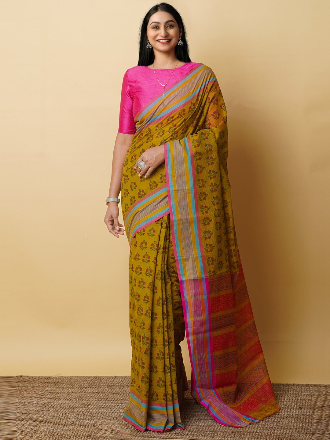 

Unnati Silks Ethnic Motifs Pure Cotton Handloom Mangalagiri Saree, Green