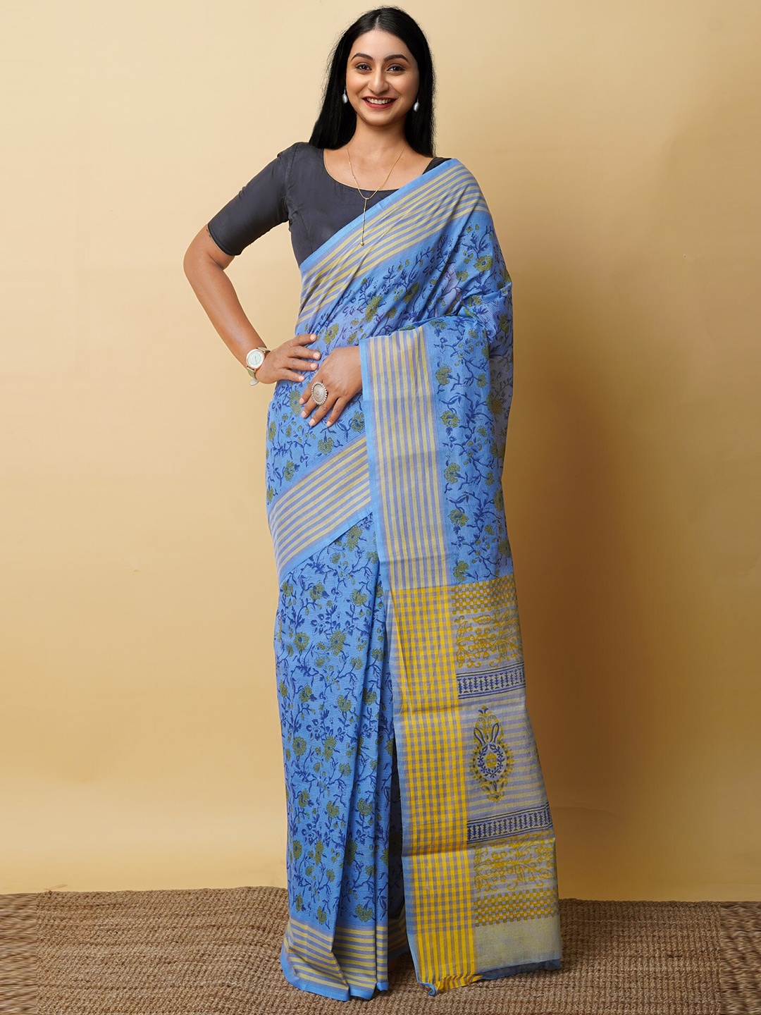 

Unnati Silks Ethnic Motifs Pure Cotton Handloom Mangalagiri Saree, Blue