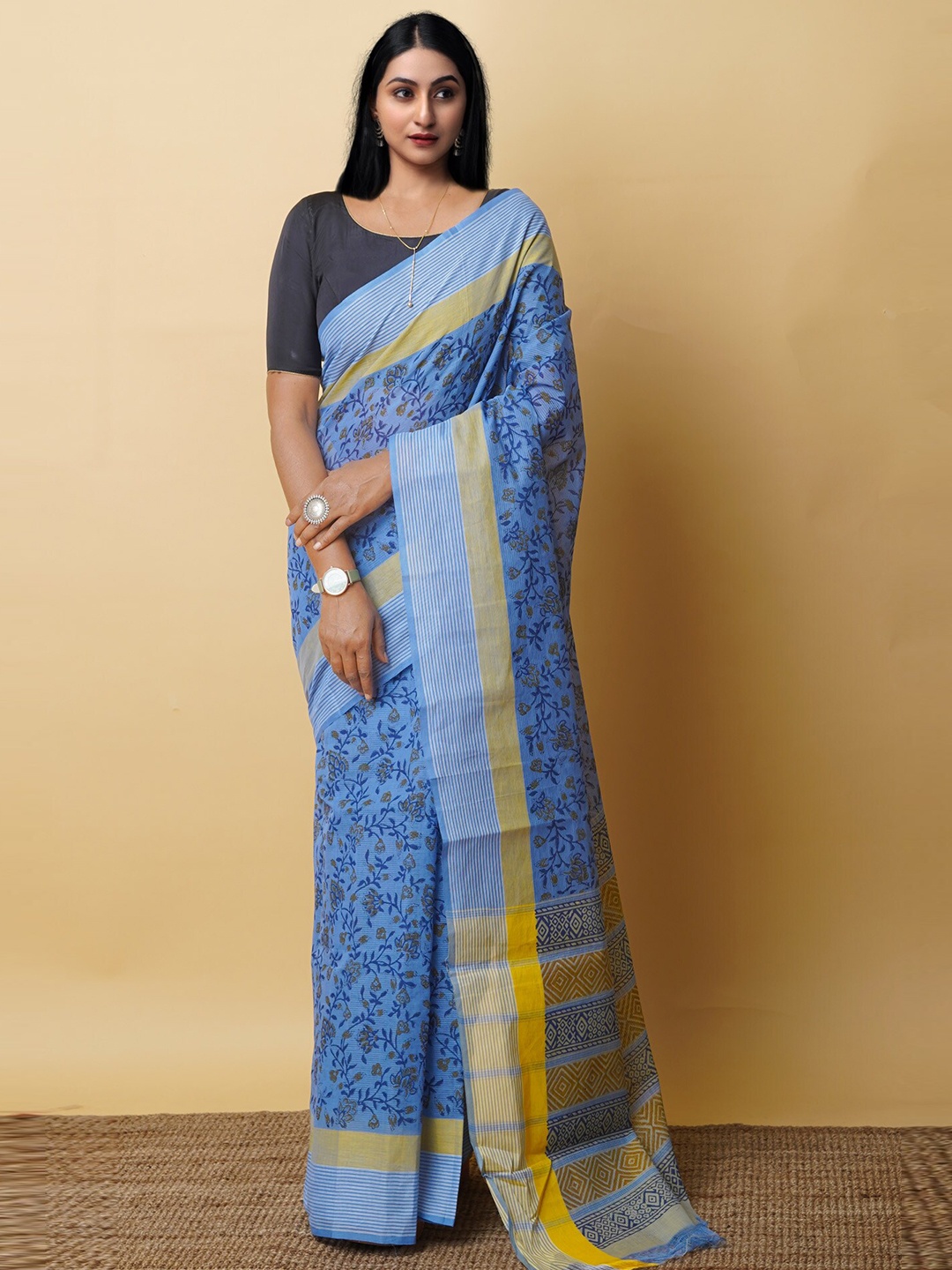 

Unnati Silks Ethnic Motifs Pure Cotton Handloom Mangalagiri Saree, Blue