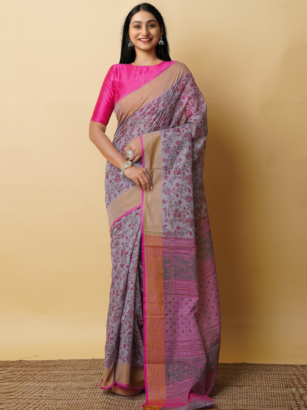 

Unnati Silks Ethnic Motifs Pure Cotton Handloom Mangalagiri Saree, Grey