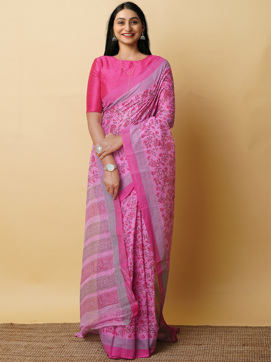 

Unnati Silks Ethnic Motifs Pure Cotton Handloom Mangalagiri Saree, Pink
