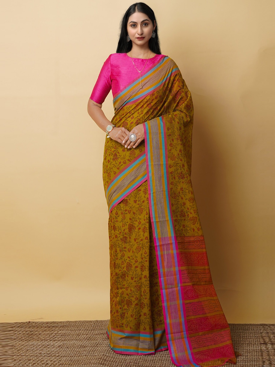 

Unnati Silks Ethnic Motifs Pure Cotton Handloom Mangalagiri Saree, Green