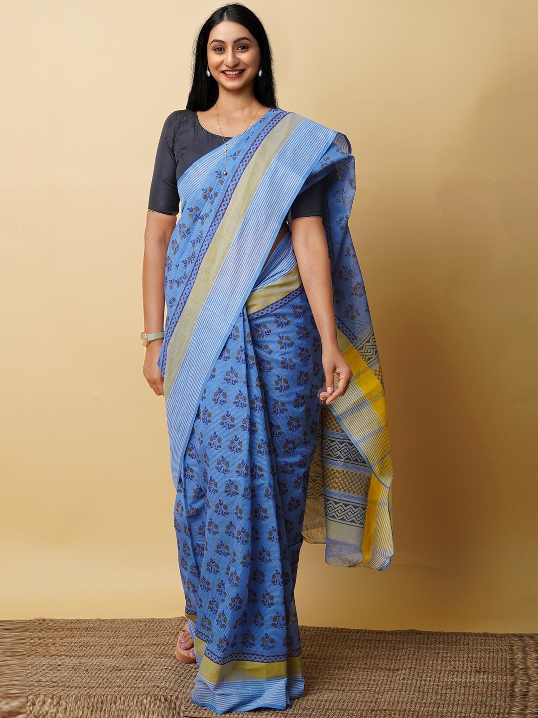 

Unnati Silks Ethnic Motifs Pure Cotton Handloom Mangalagiri Saree, Blue