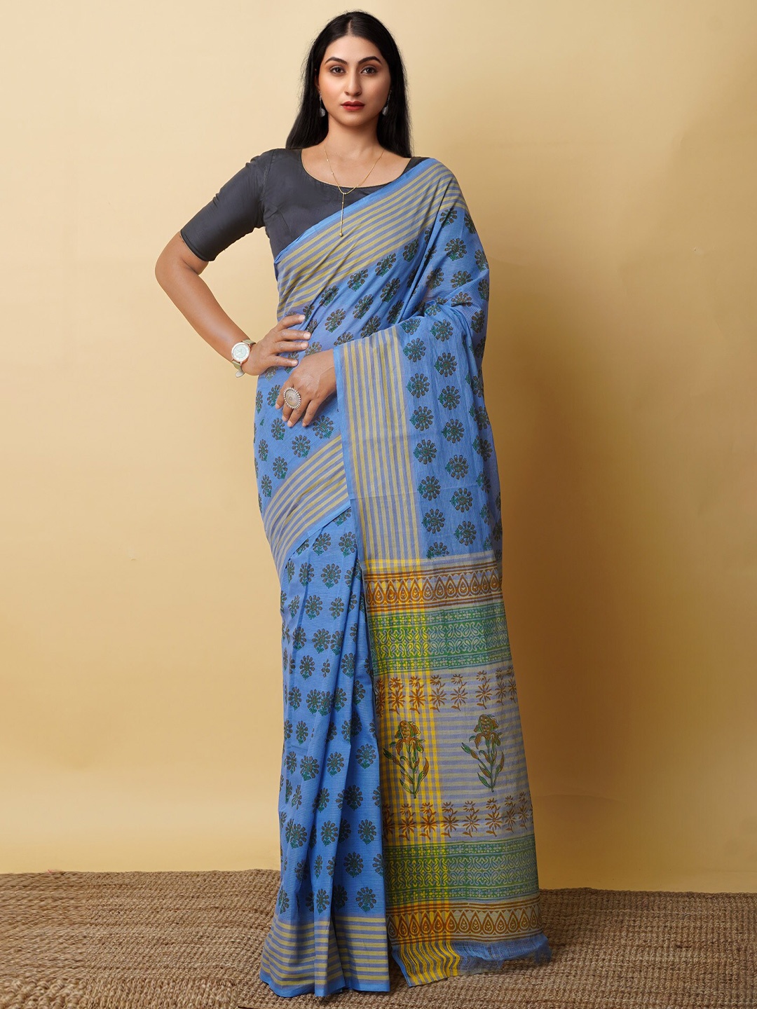 

Unnati Silks Ethnic Motifs Pure Cotton Handloom Mangalagiri Saree, Blue