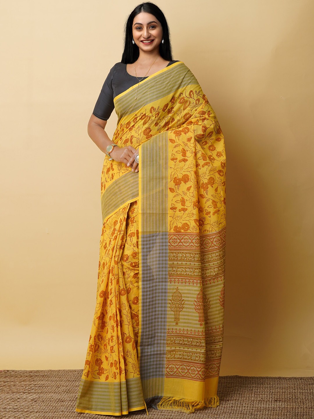 

Unnati Silks Ethnic Motifs Pure Cotton Handloom Mangalagiri Saree, Yellow