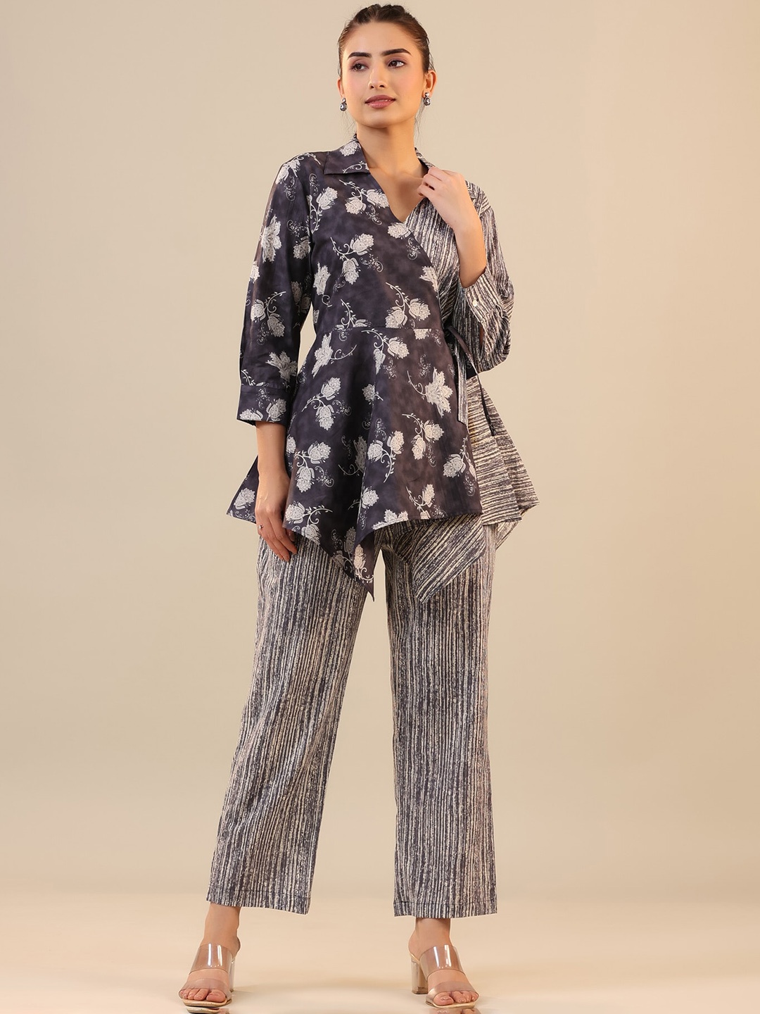 

JISORA Floral Printed Shirt Collar Top & Trousers, Grey