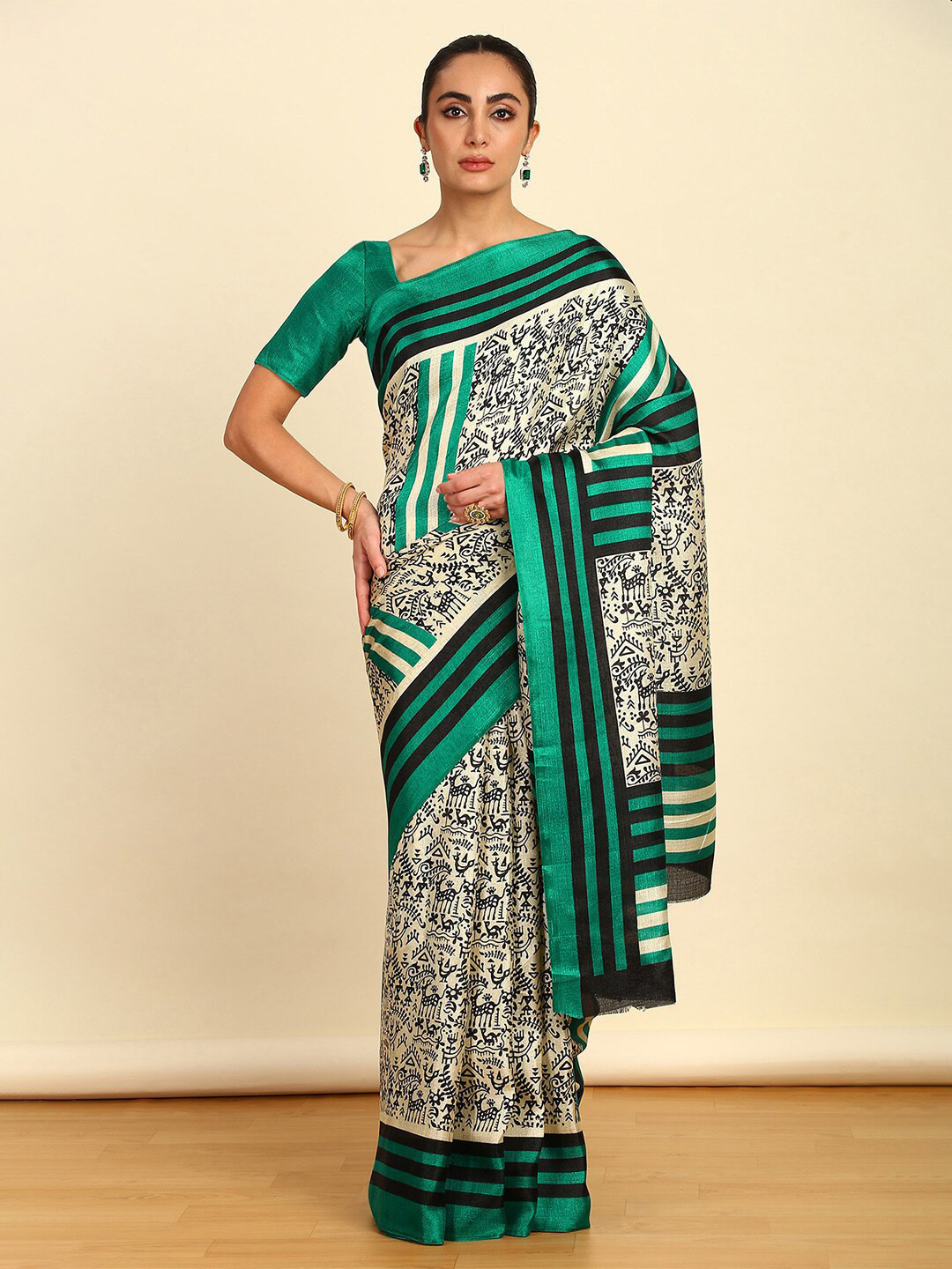 

Soch Warli Printed Art Silk Saree, Teal