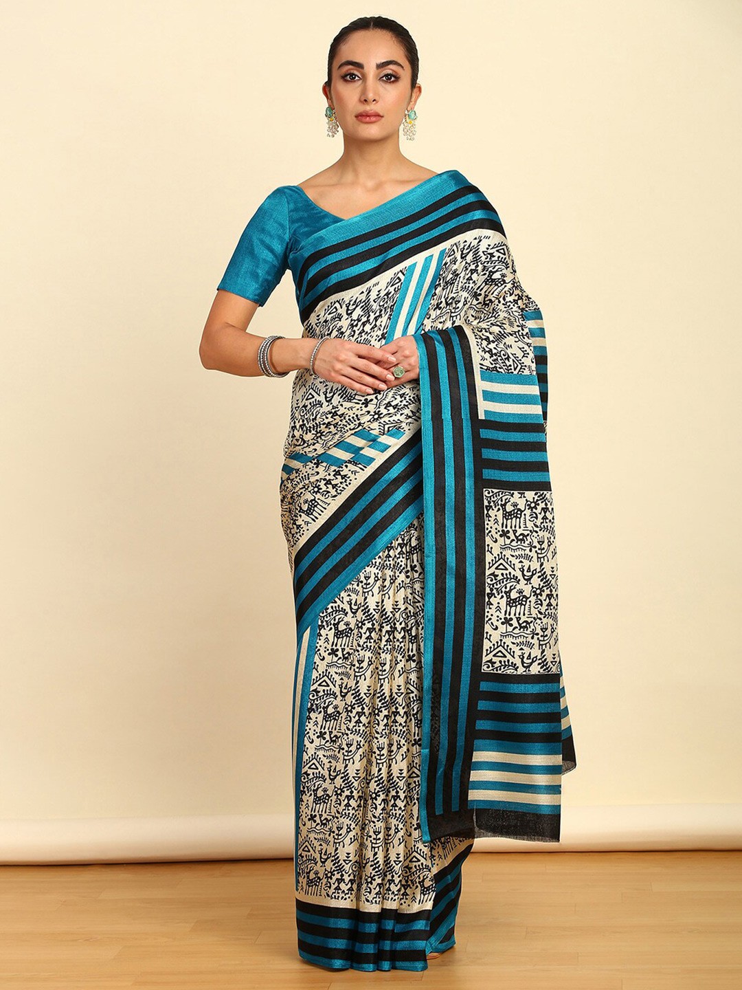 

Soch Warli Printed Art Silk Saree, Turquoise blue