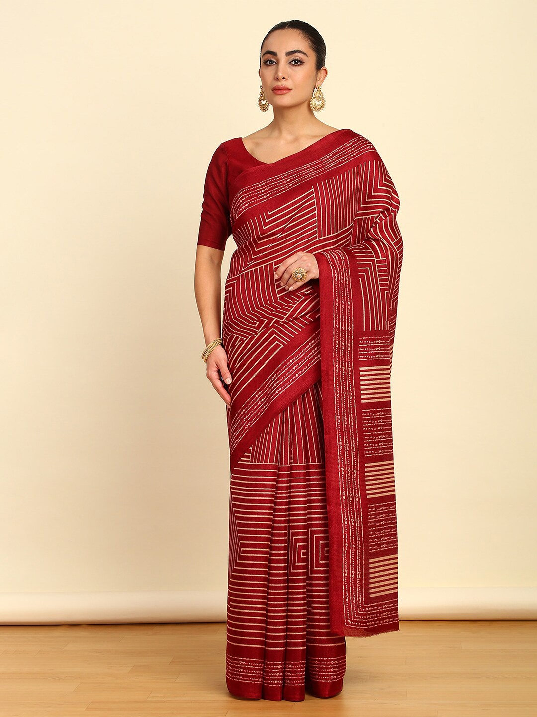

Soch Maroon Geometric Printed Art Silk Saree