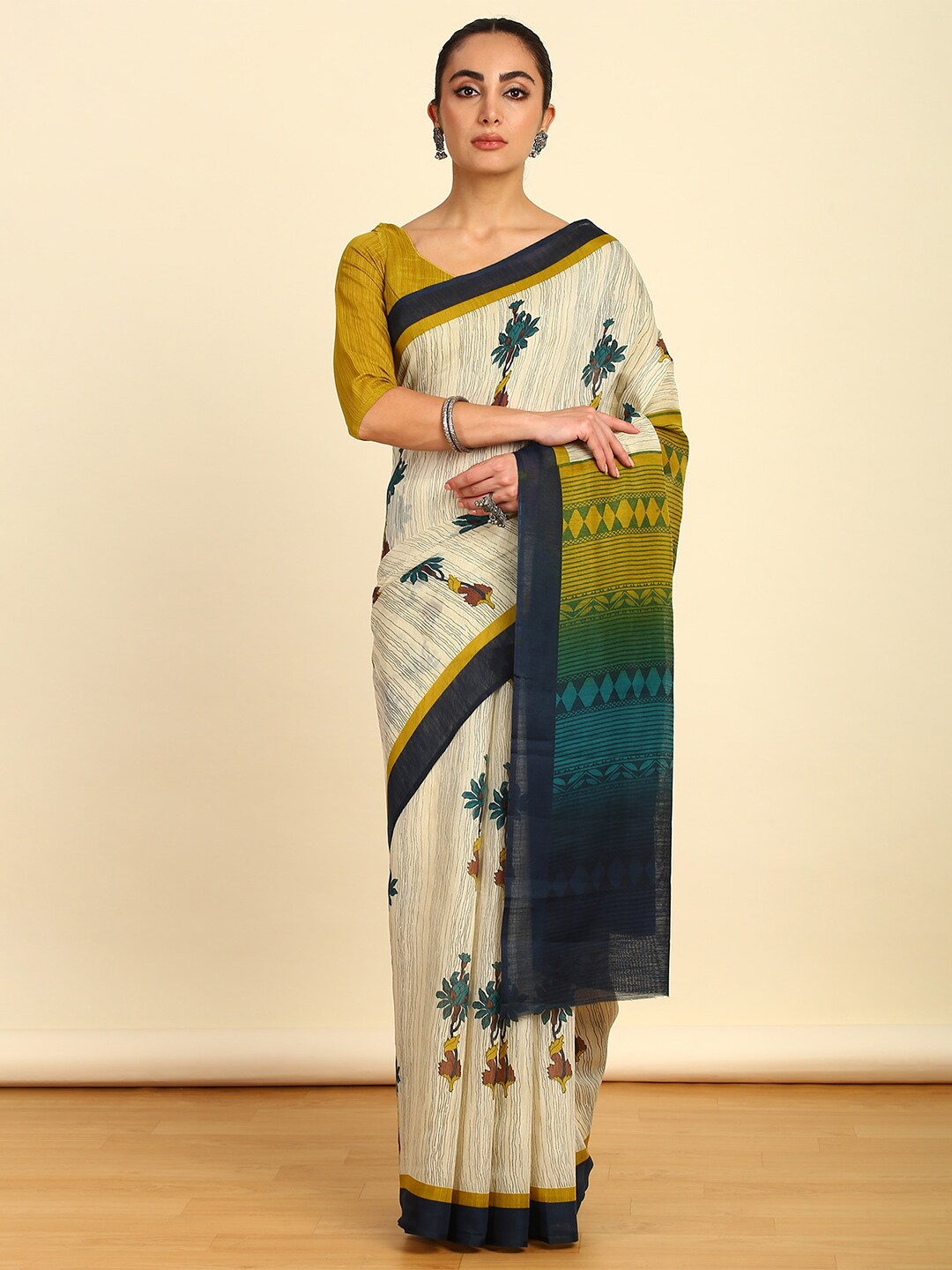 

Soch Ethnic Motifs Pure Linen Saree, Teal