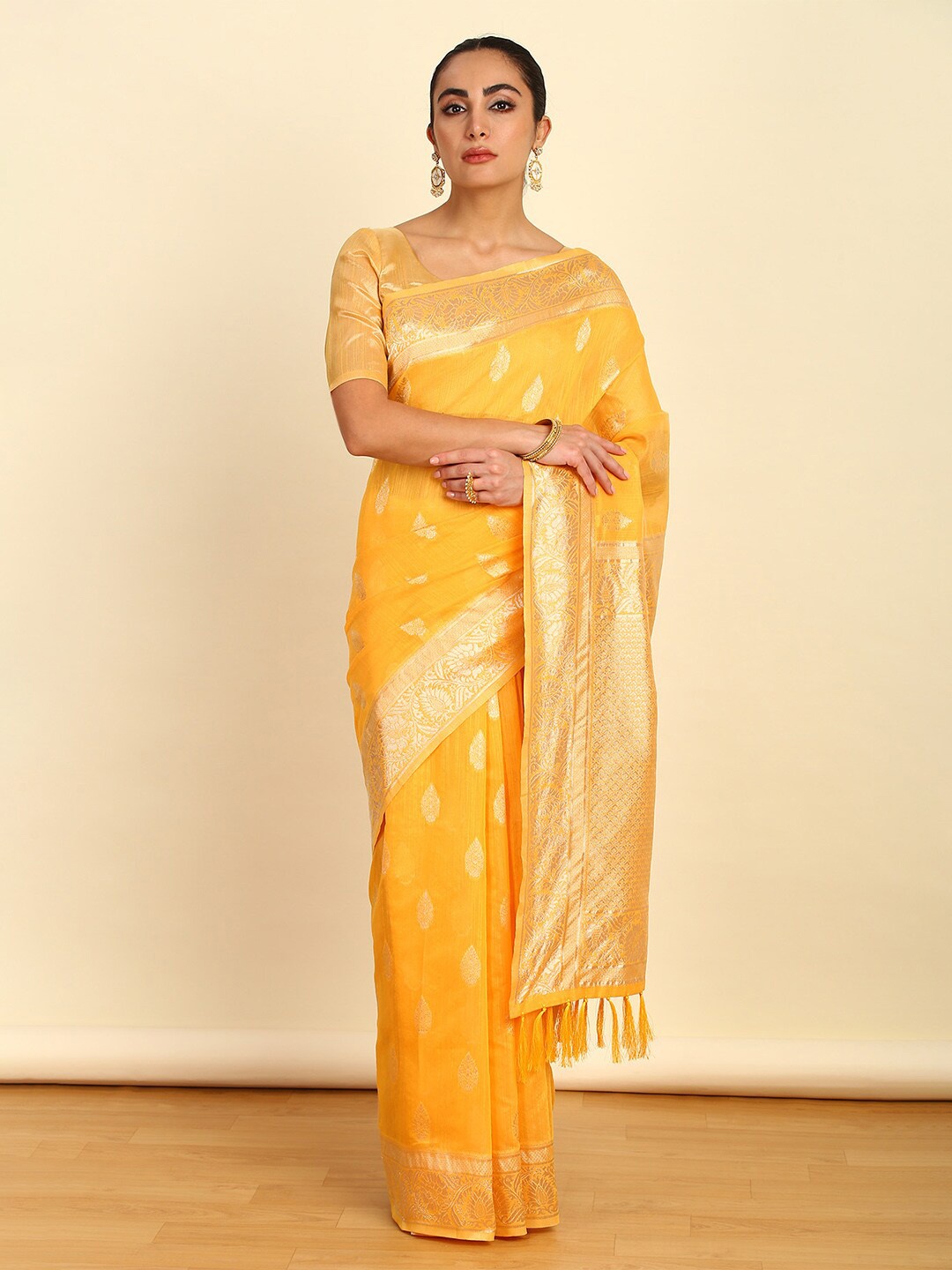 

Soch Woven Design Zari Tussar Saree, Yellow