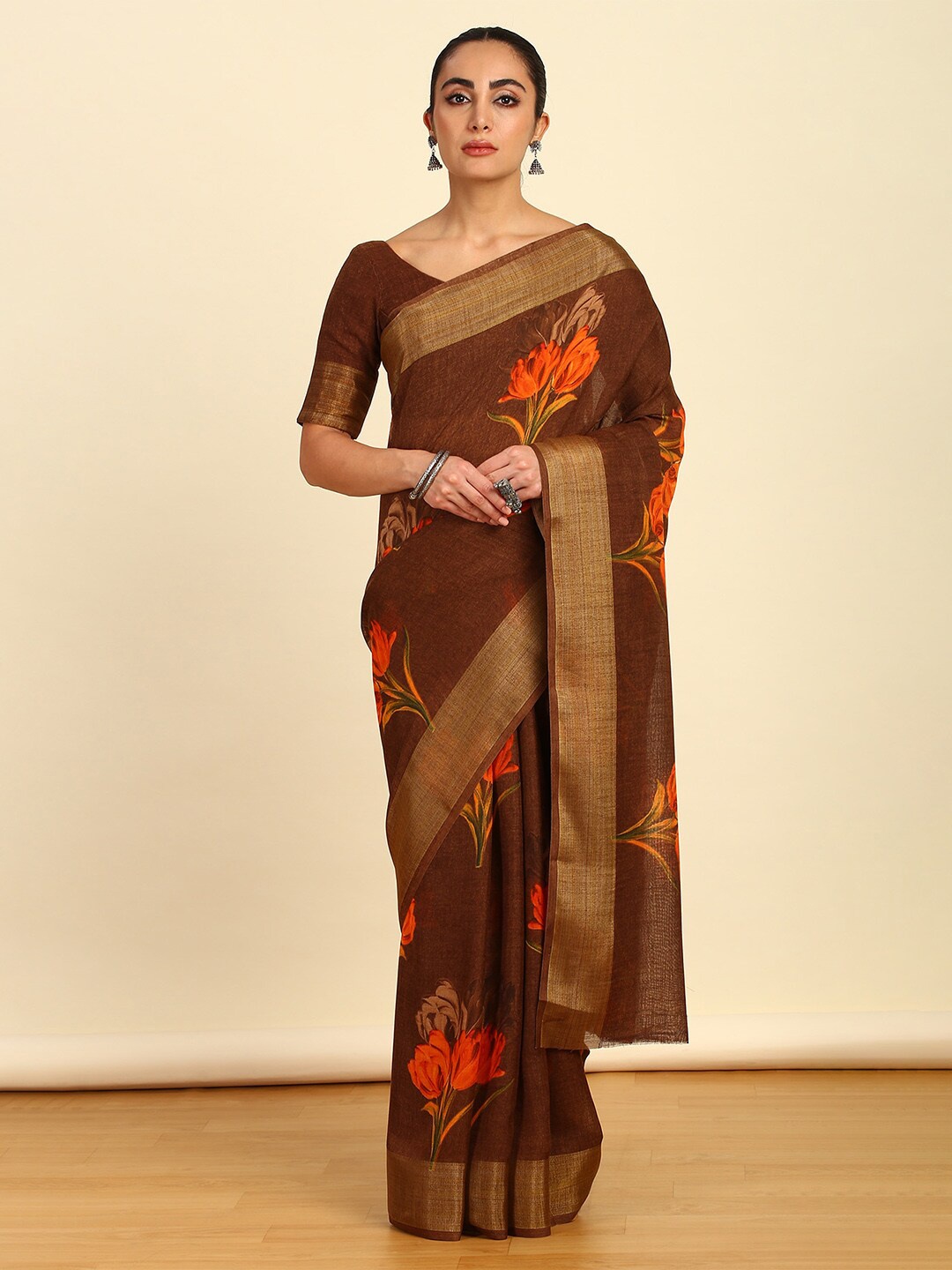 

Soch Floral Printed Pure Linen Saree, Brown