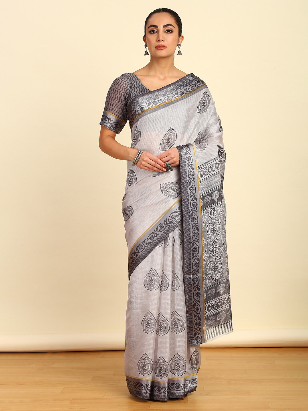 

Soch Ethnic Motifs Pure Cotton Saree, Grey