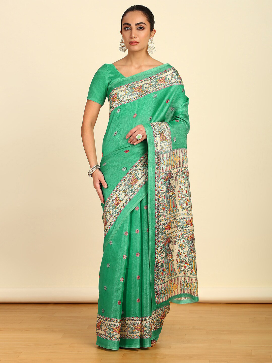

Soch Ethnic Motifs Printed Art Silk Saree, Green
