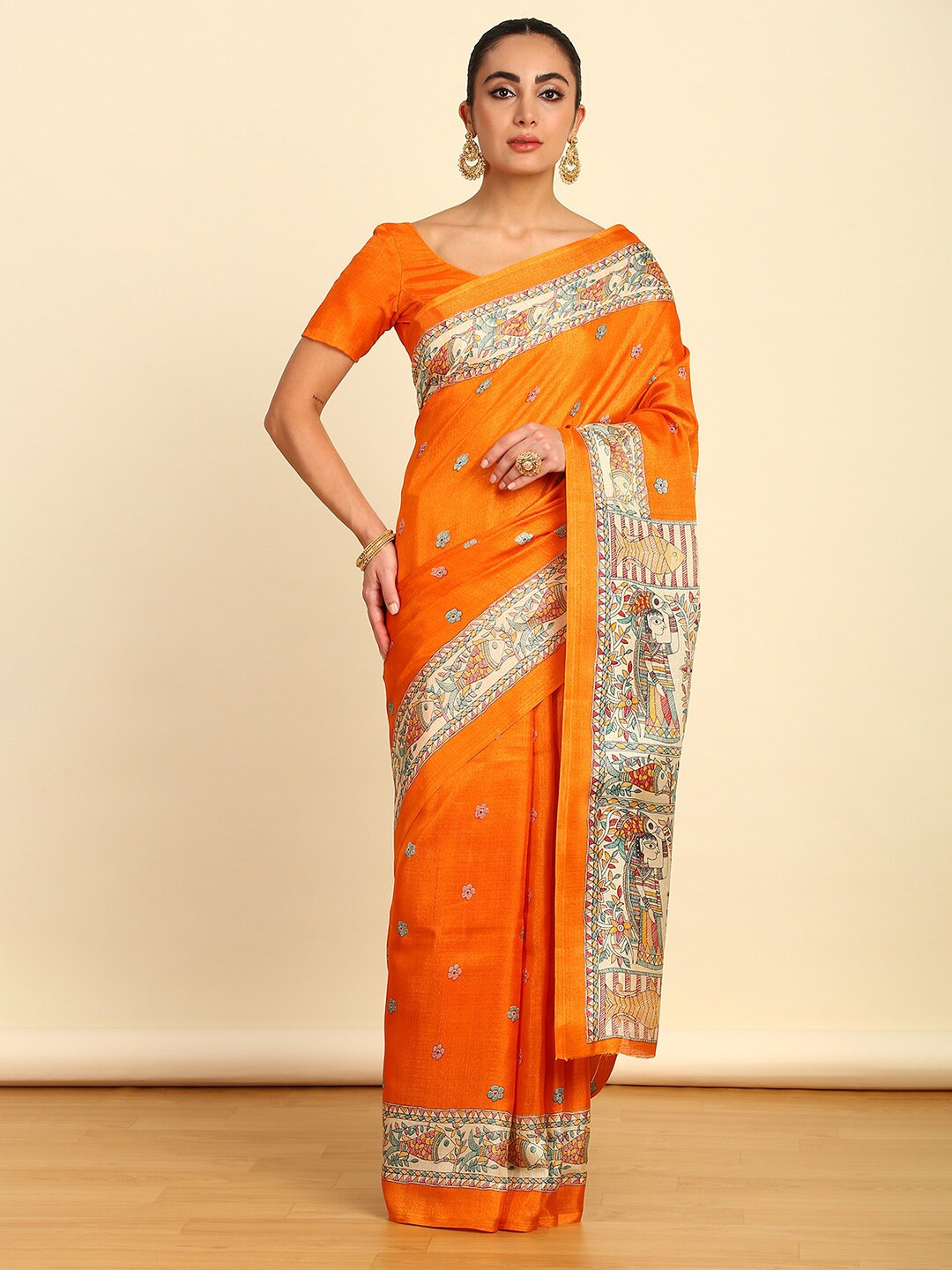 

Soch Orange Madhubani Printed Art Silk Saree