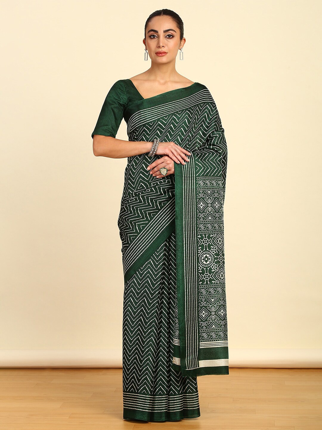

Soch Green Geometric Printed Art Silk Saree