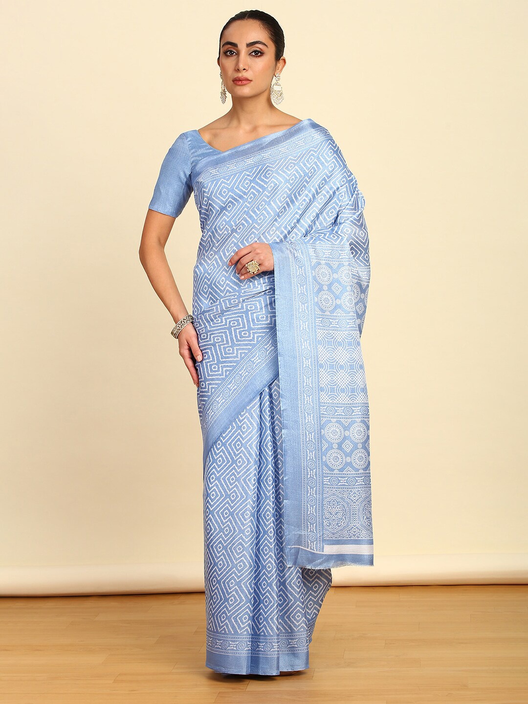 

Soch Blue Geometric Printed Art Silk Saree