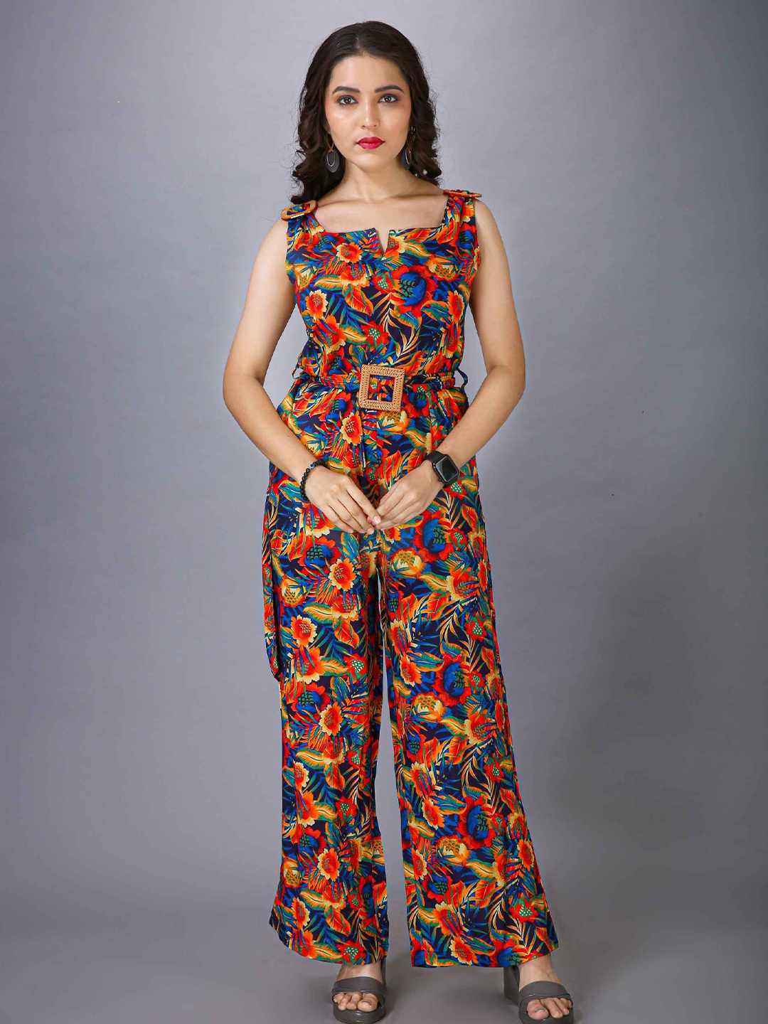 

MAIYEE Printed Square Neck Basic Jumpsuit, Blue